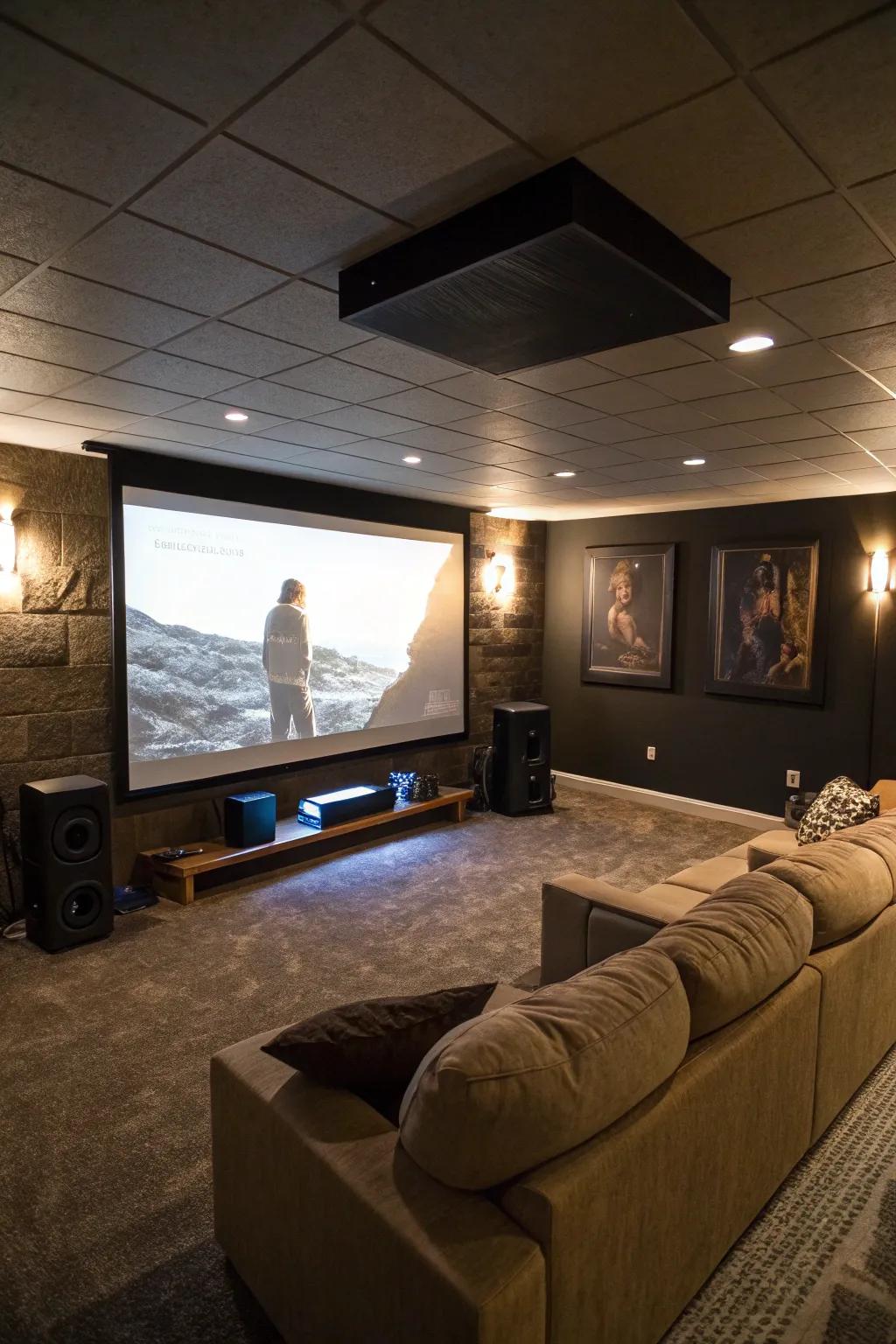 A basement setup featuring a large projector screen, perfect for immersive movie nights.