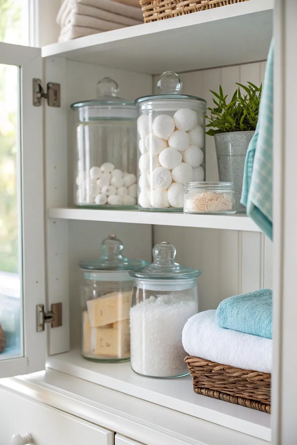 Glass jars provide stylish storage for small essentials.