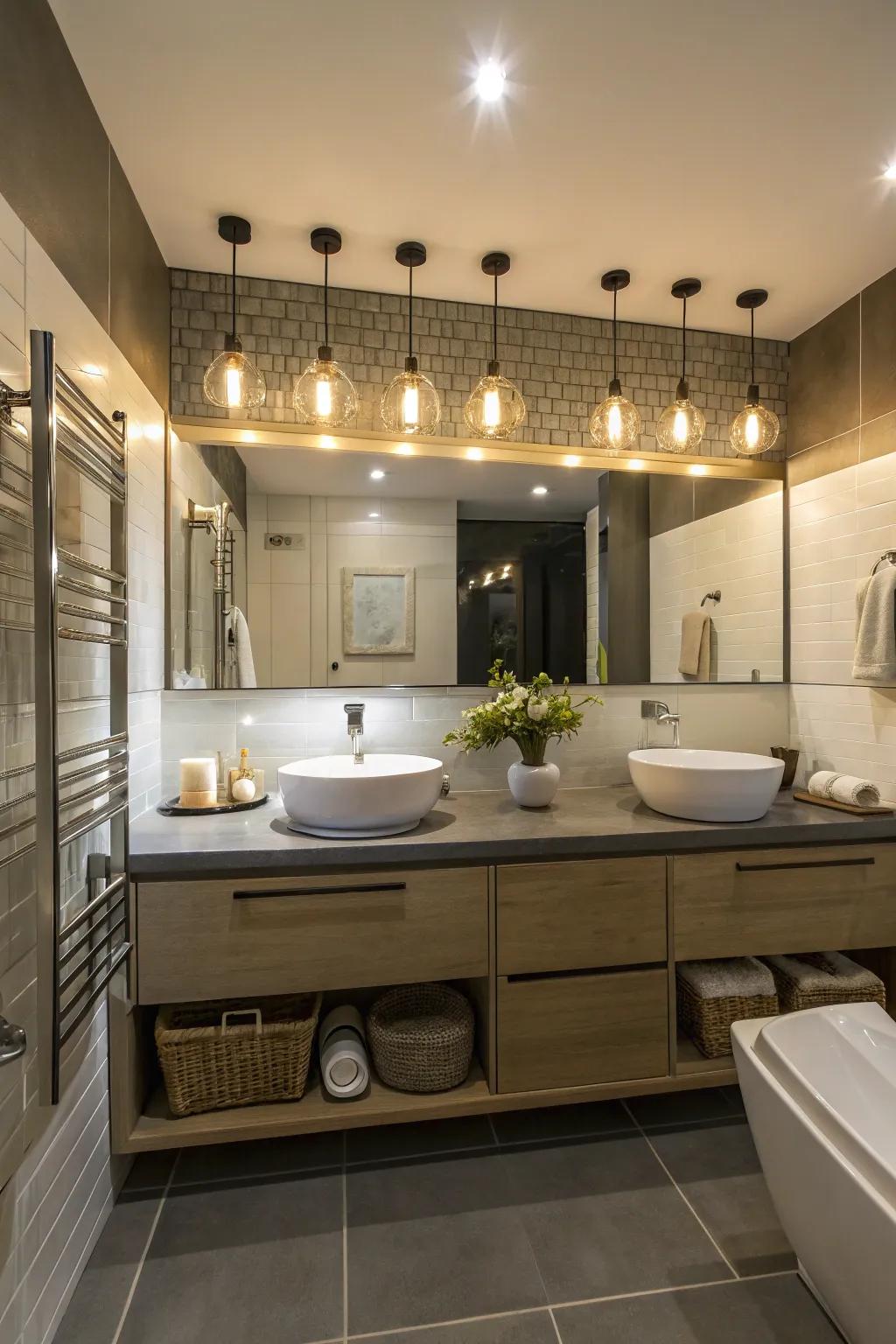 A bathroom illuminated by creative lighting, adding warmth and a dynamic feel to the space.