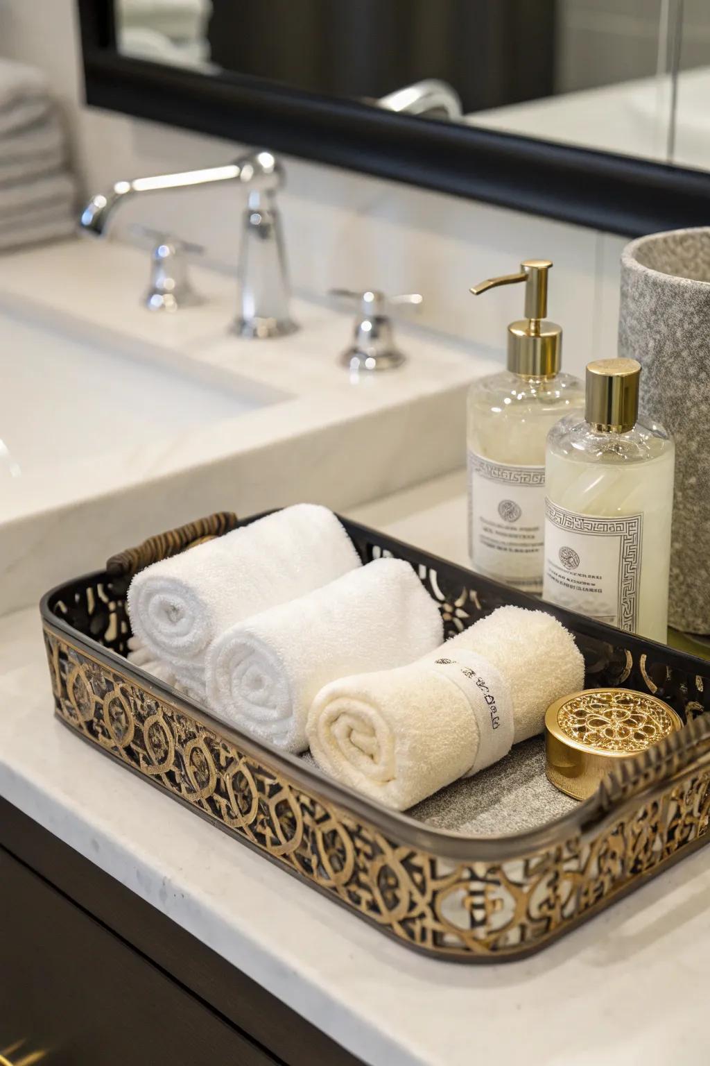 Rolled cloths in a tray provide a neat and elegant presentation.