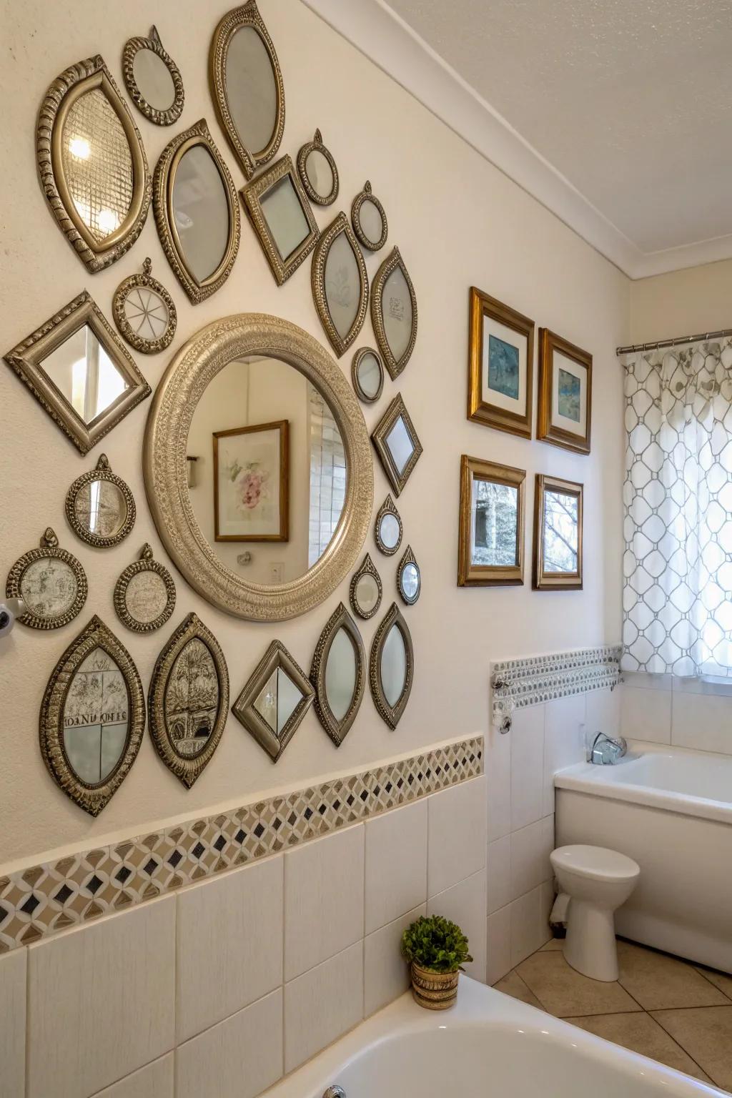 Glass gallery walls add a varied touch to bathroom decor.