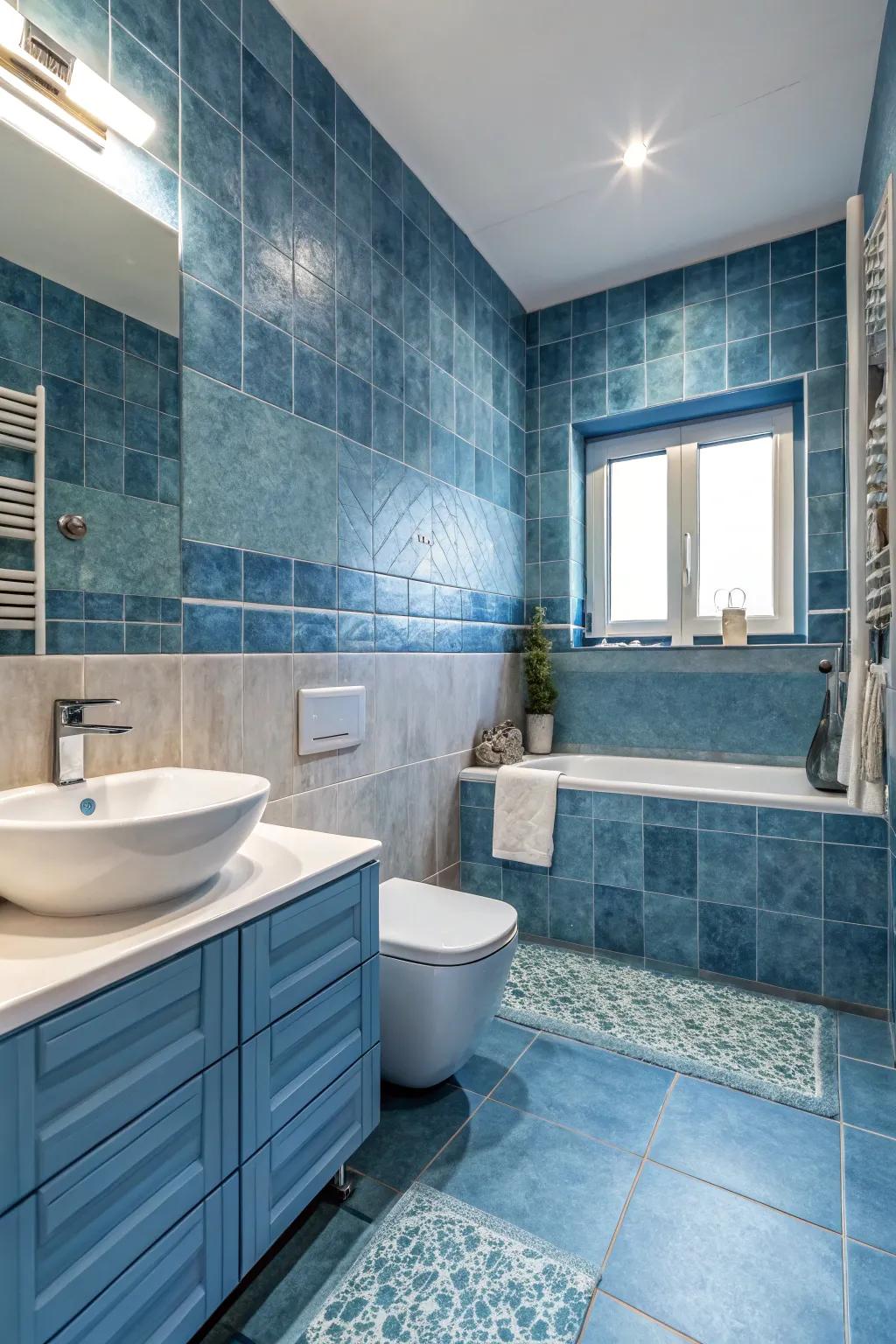 A single-hue bathroom featuring harmonious azure tones.