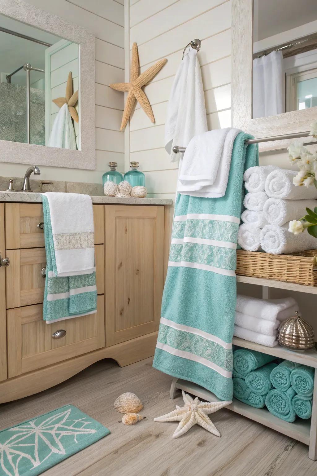 Seafoam and snow white towels fashion a tranquil, coastal sensation.