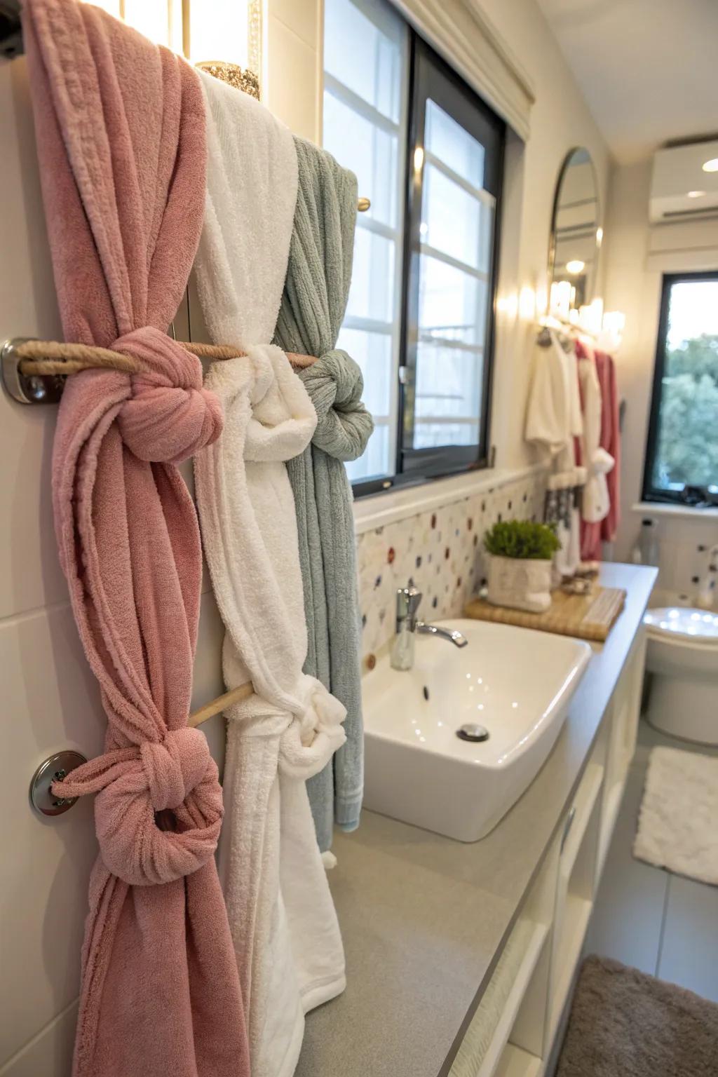 Infuse your bathroom with a playful atmosphere with decorative towel knots.