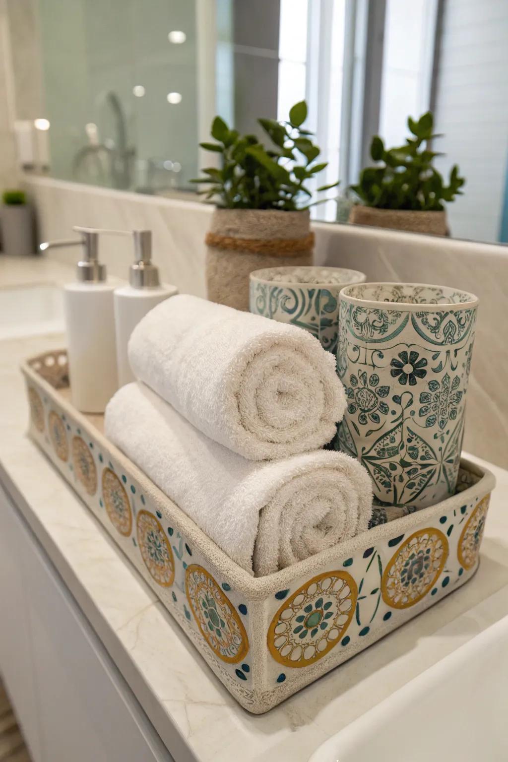 Practical and stylish: cylinder-rolled towels in a tray.