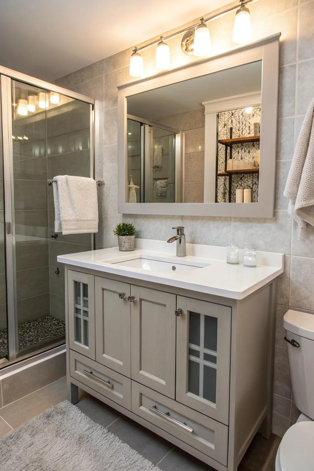 Mirrored units enhance elegance and concealed storage.