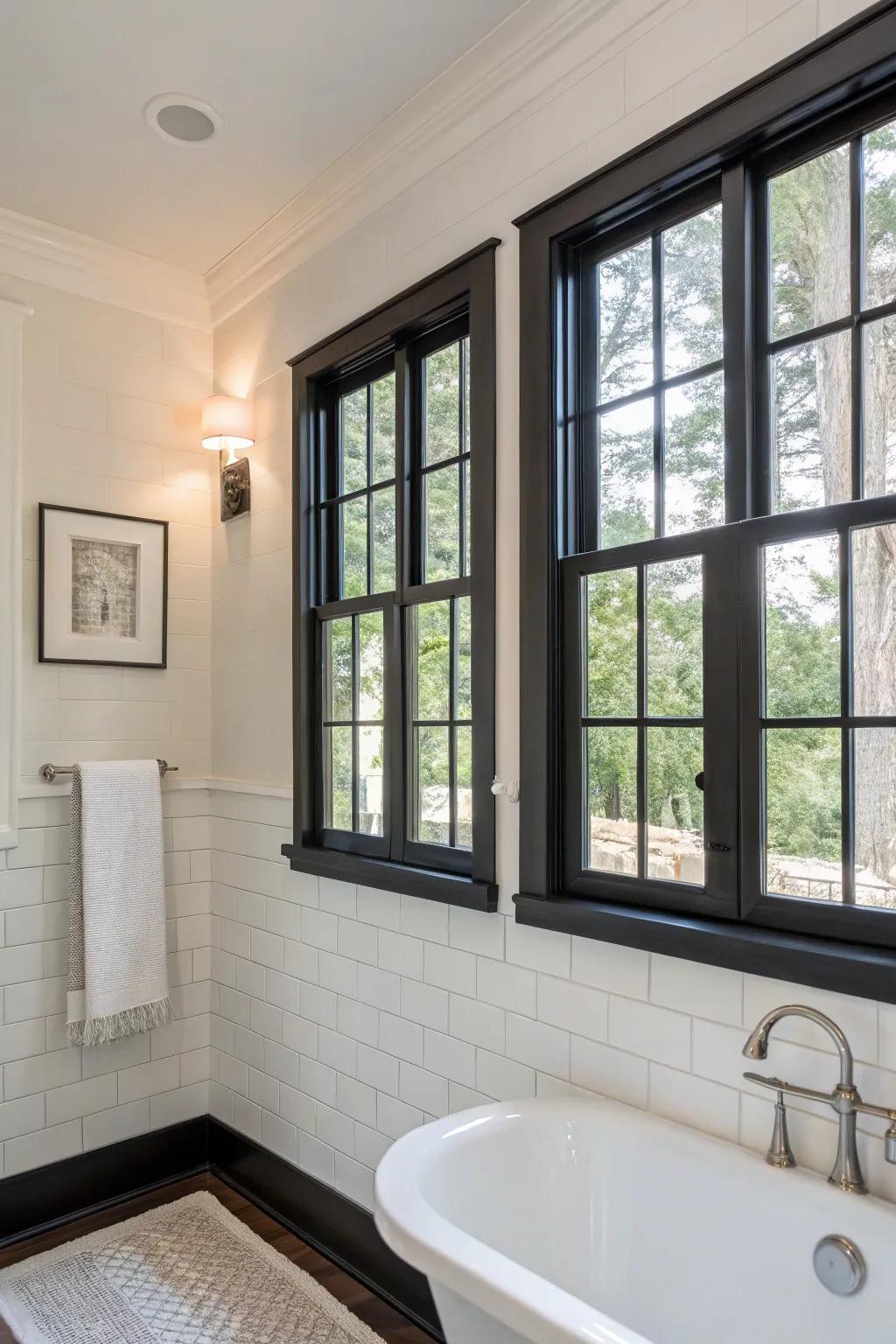 Shadowy casings crafting striking visual contrast in the bathroom.