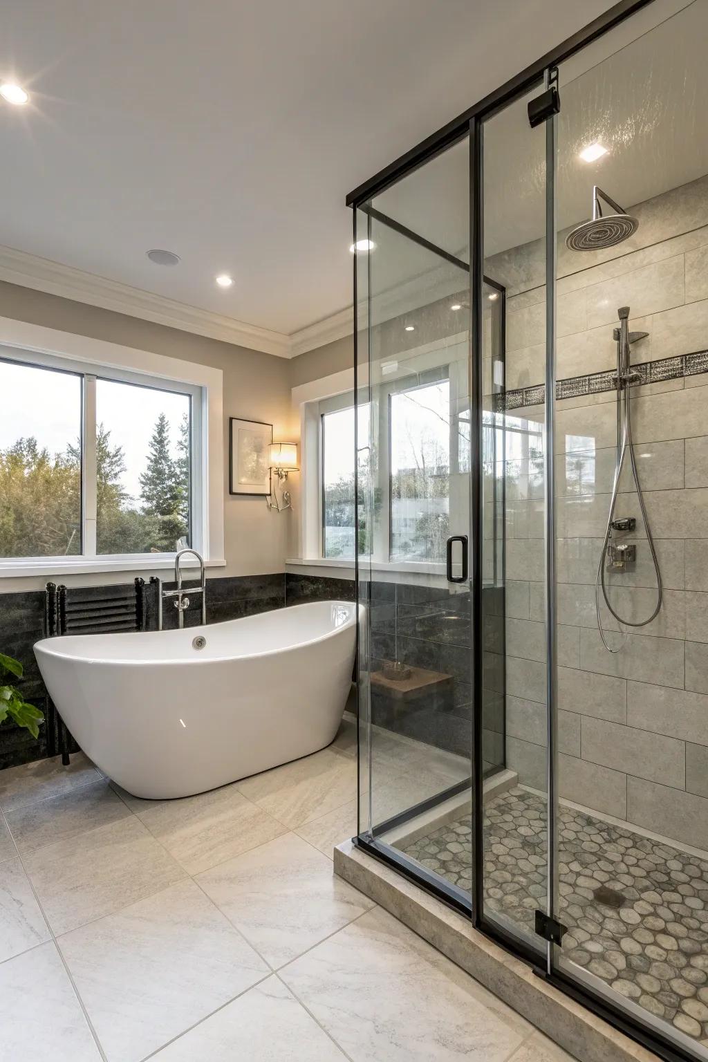 A singular bathroom design exhibiting a tub inside the shower.