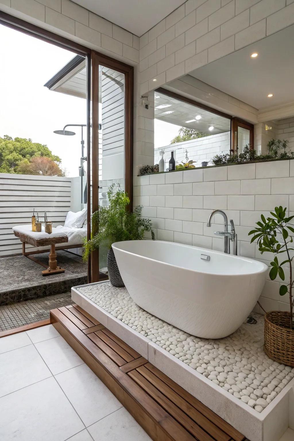 A modern tub raised on a platform for an amazing visual impact.