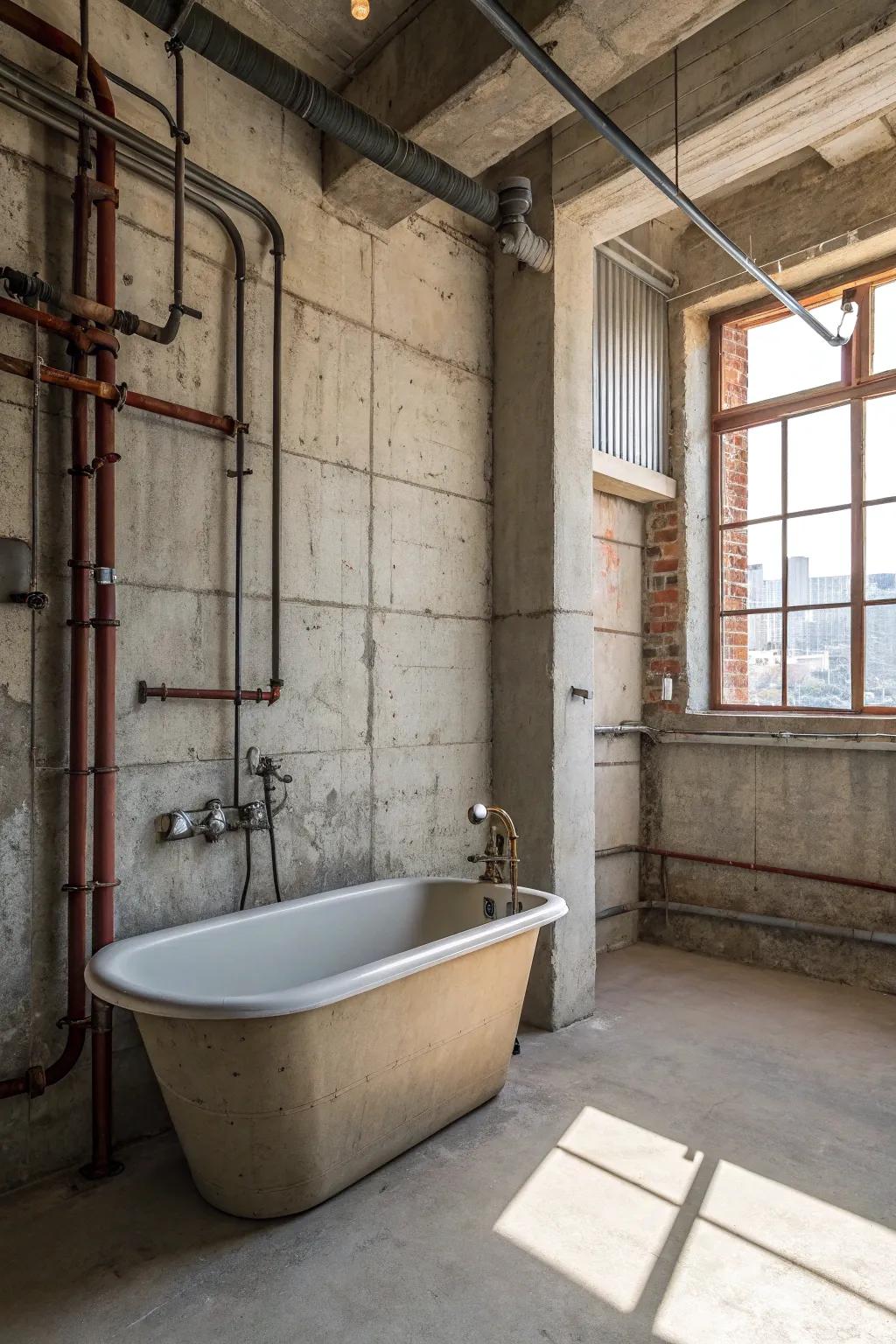 An industrial-style tub with exposed pipes injects an edgy vibe.