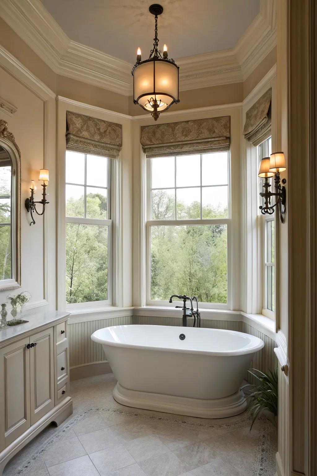 Curved windows add classic elegance to the bathroom.