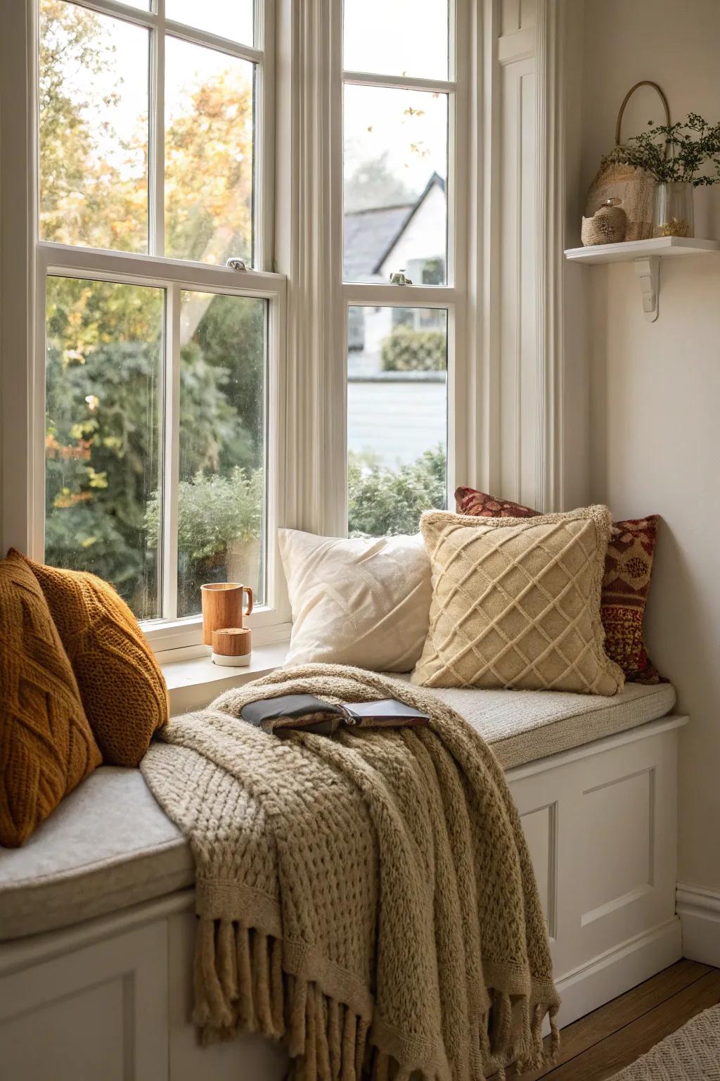 Knitted cushions contribute warmth and texture to your bay window seat.