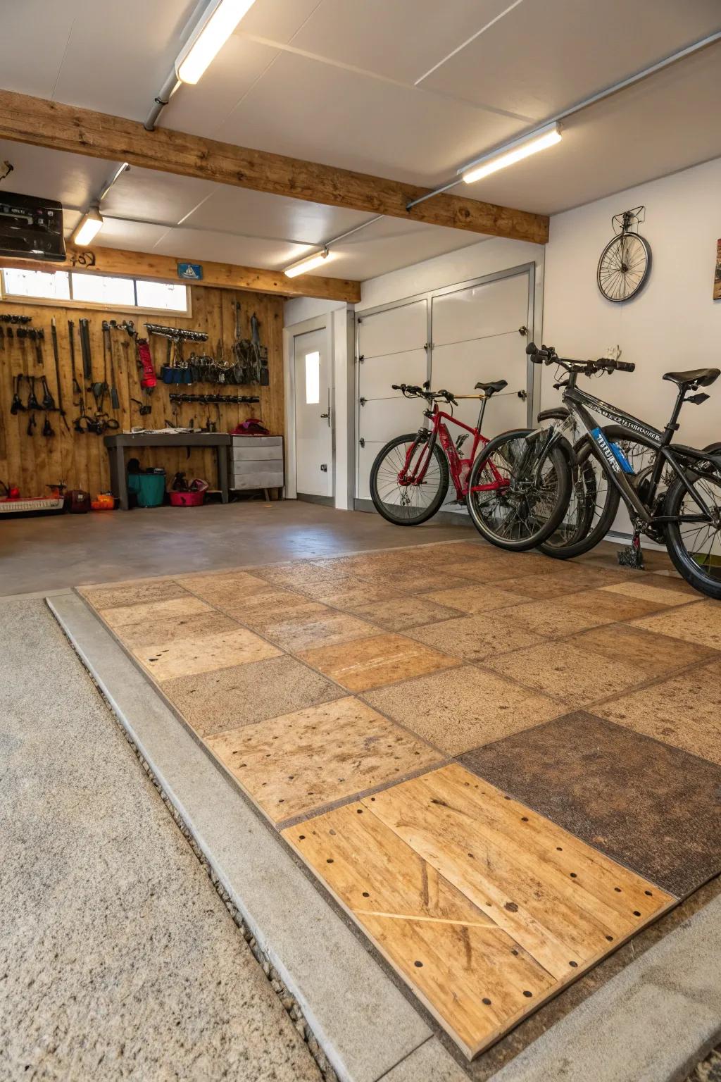 Environmentally friendly flooring contributes warmth and style to the garage.