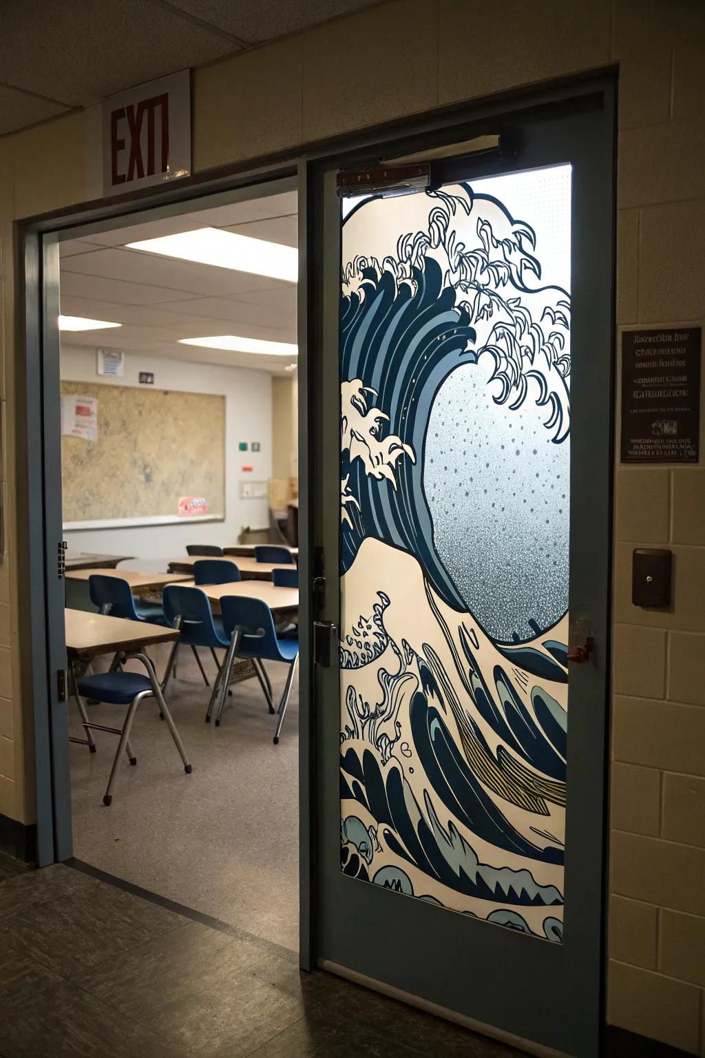 Door designed around an adventurous tidal wave look.