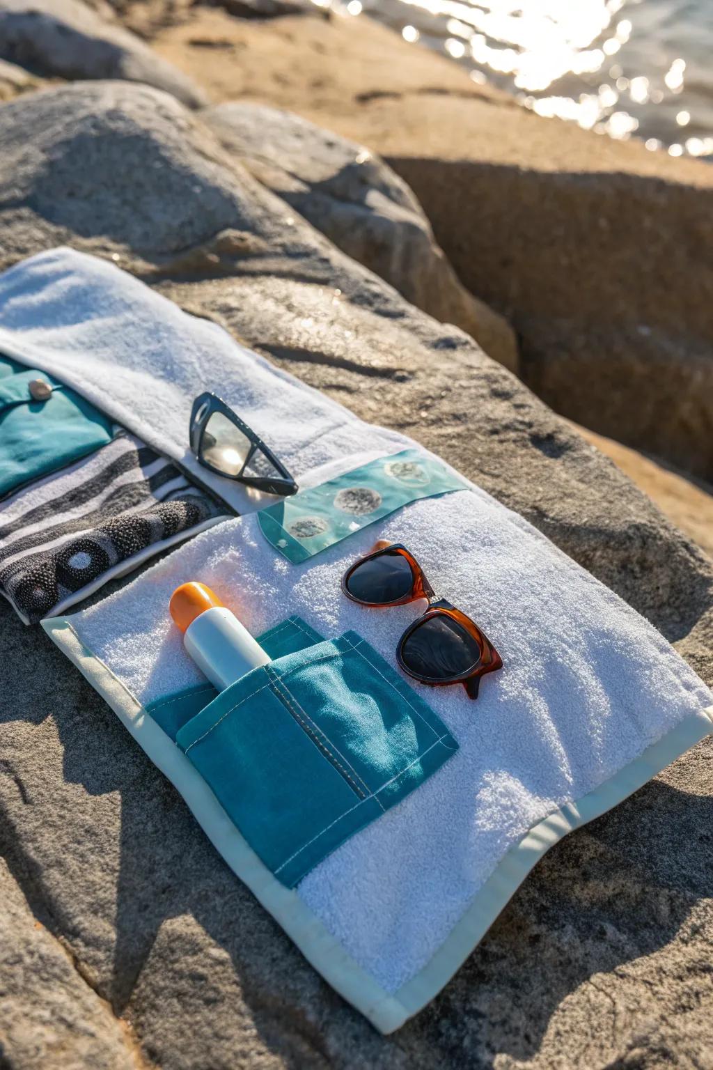 Keep your beach must-haves accessible by using towels that have built-in pockets.