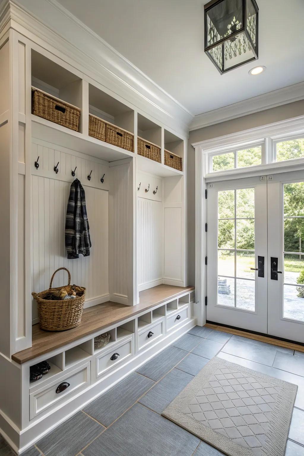 A modern mudroom with fashionable plank panel siding.