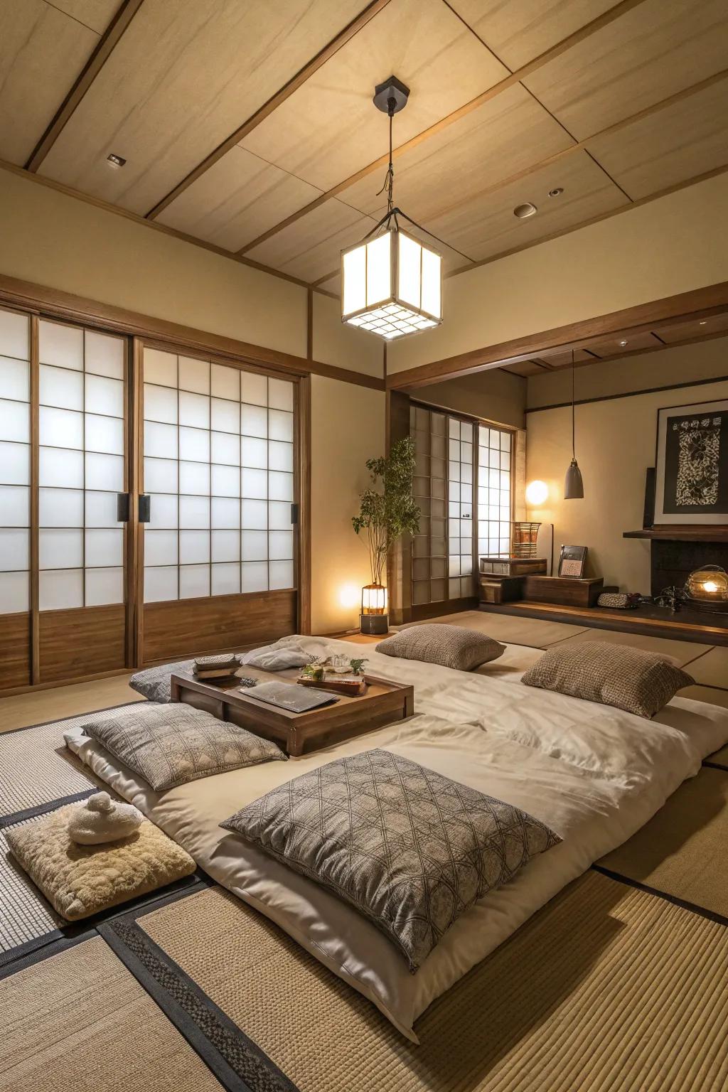 Keep balance with low-profile furniture around a floor bed.