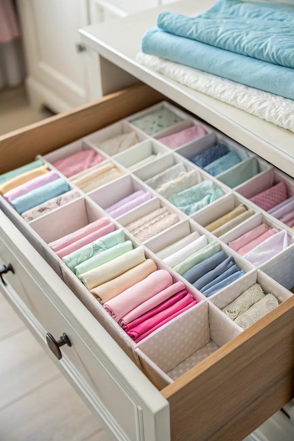 Drawer separators maintain orderly and accessible sheets.