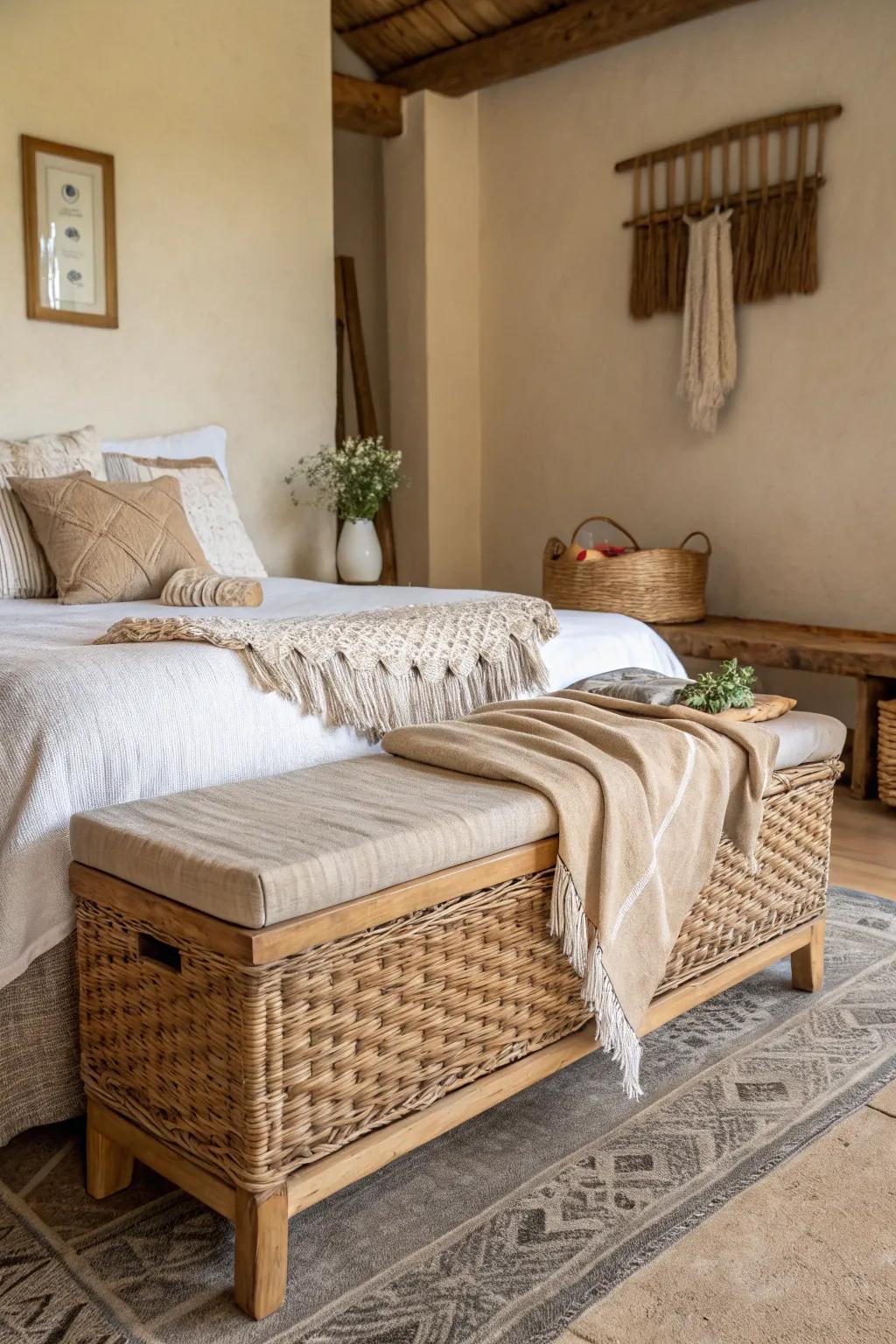 Wicker benches offer texture and an organic vibe.