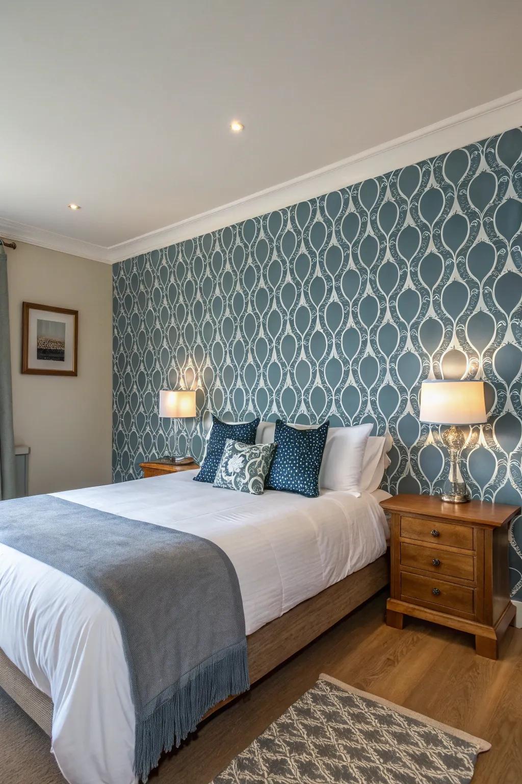 A bold feature wall with stylish wallpaper transforms this modern bedroom.