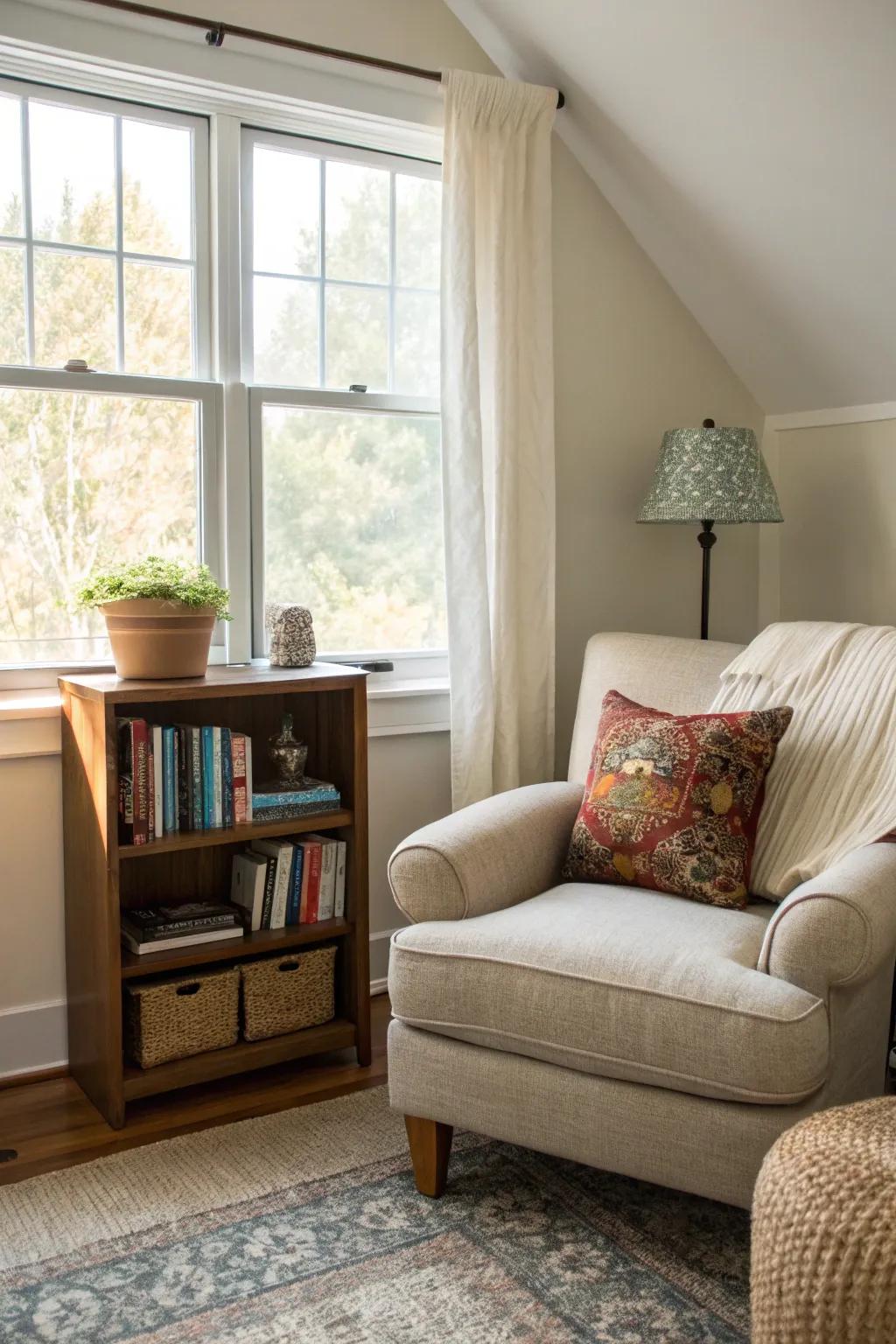 A reading nook provides a personal retreat within the bedroom.