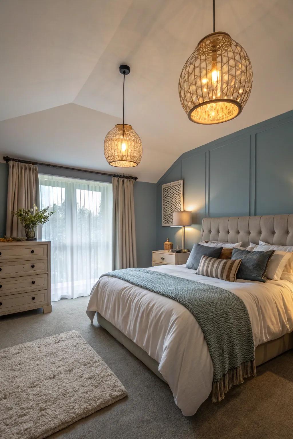 Extra big pendants give the bedside a dramatic flair.