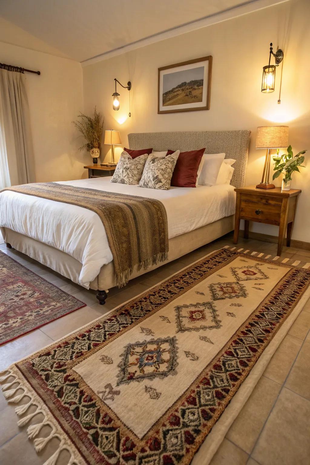 Runners add comfort and define bedroom areas.