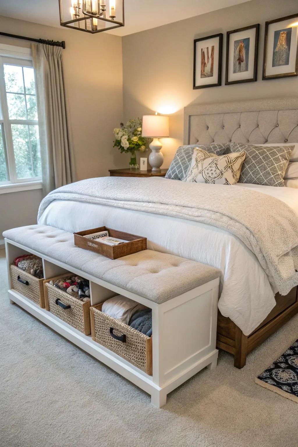 A bedroom showcasing a multi-functional storage bench.