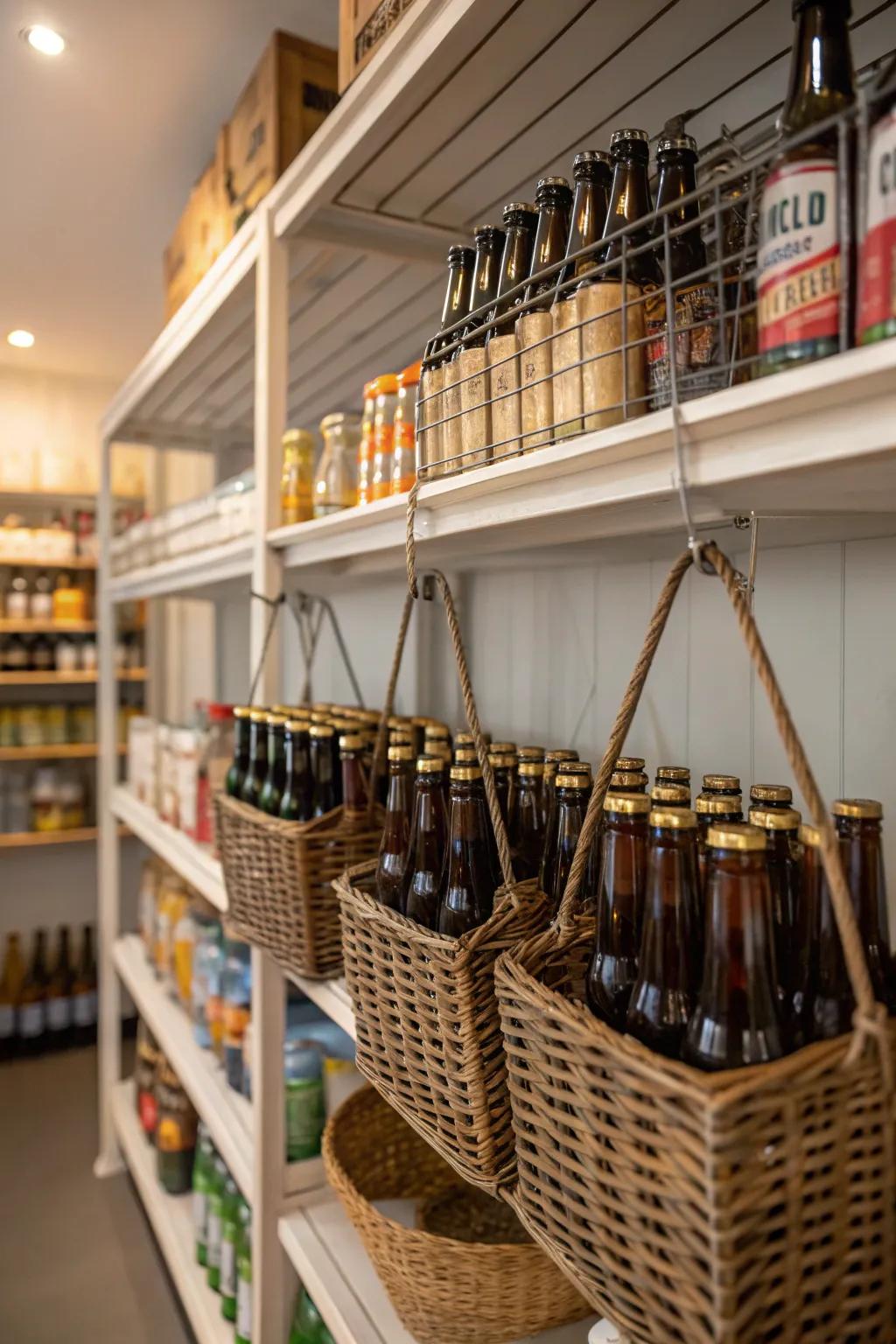 Storage room with hanging containers storing beer bottles in a quirky way.