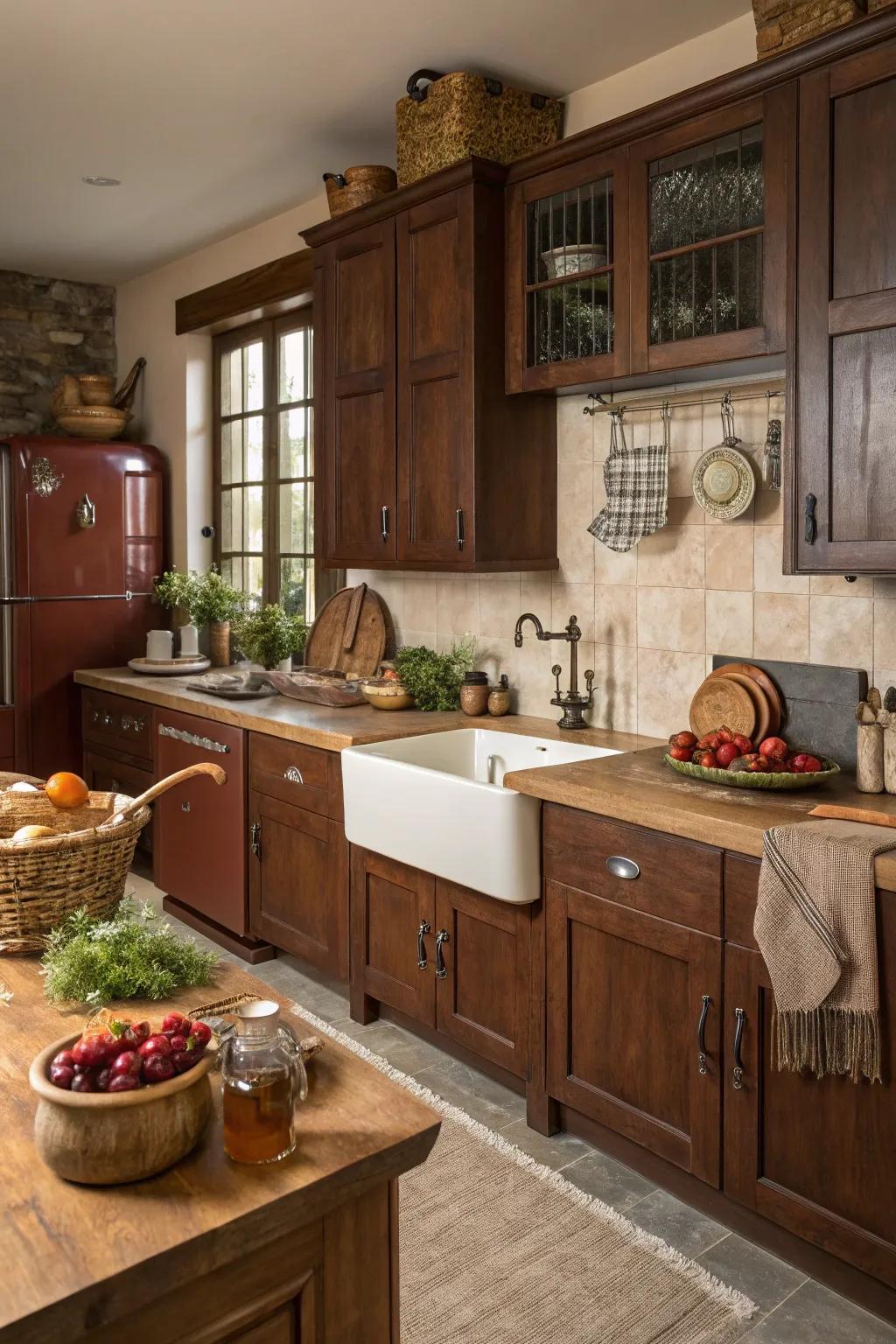 A warm and welcoming cooking area using bold cocoa cabinetry.