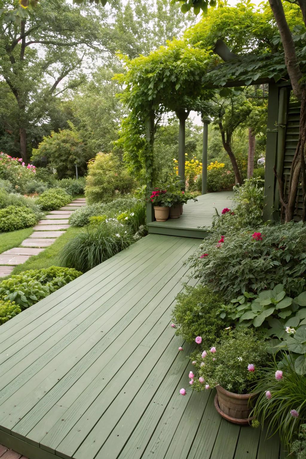 Avocado decks seamlessly blend with garden landscapes.