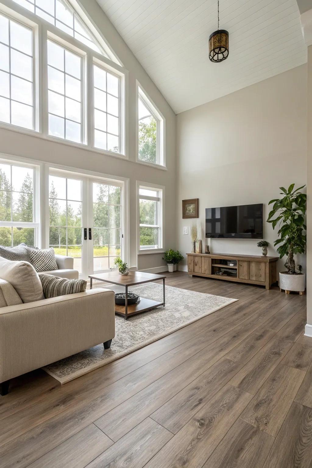 Laminate flooring provides a streamlined look that’s easy to maintain.