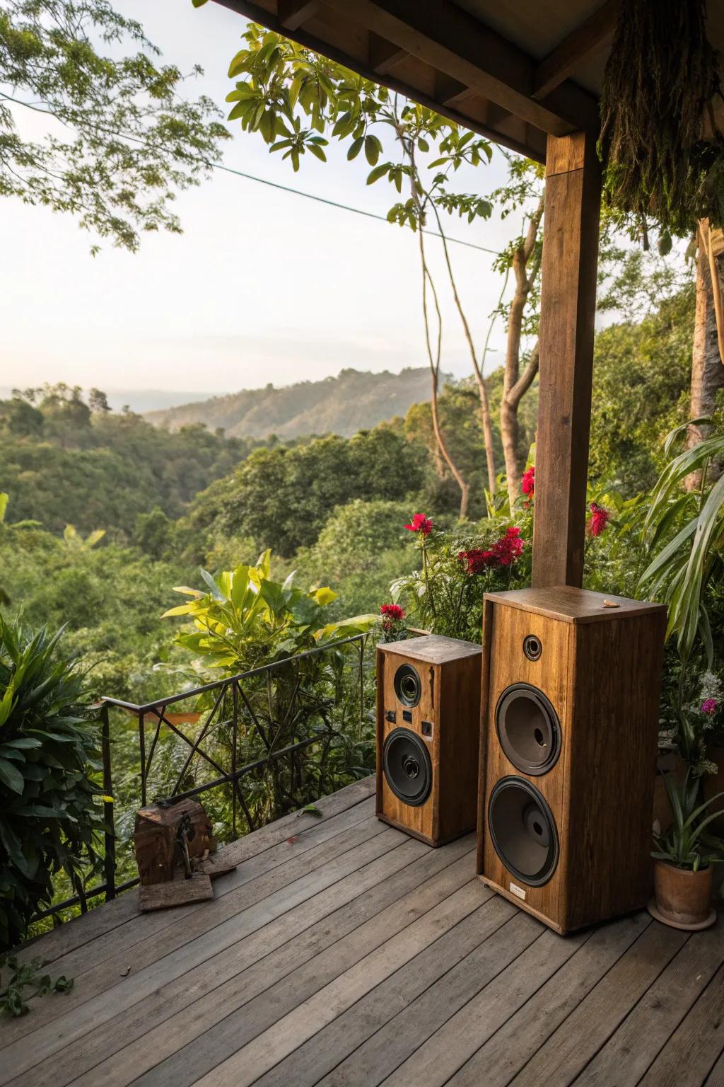 Wooden speakers add a touch of rustic charm to any outdoor space.