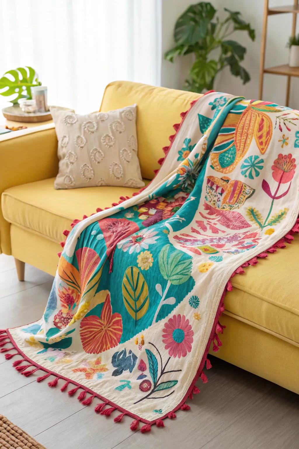 A vibrant backdrop throw adds a pop of color to any room.