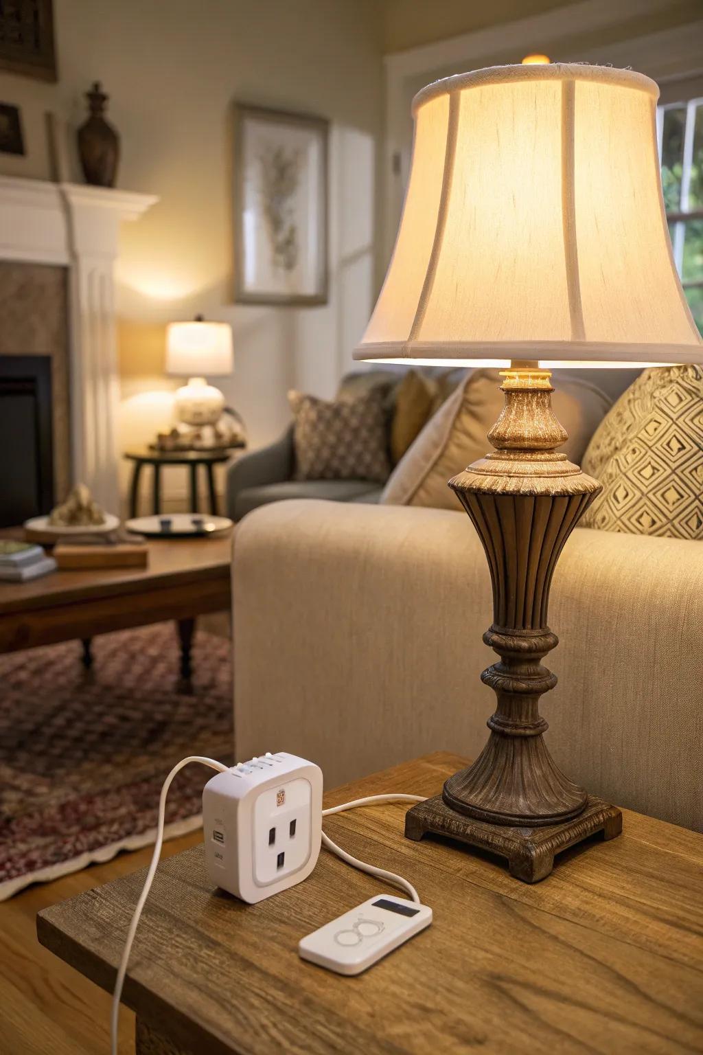 A smart plug remotely controls a designer lamp, seamlessly integrating technology.