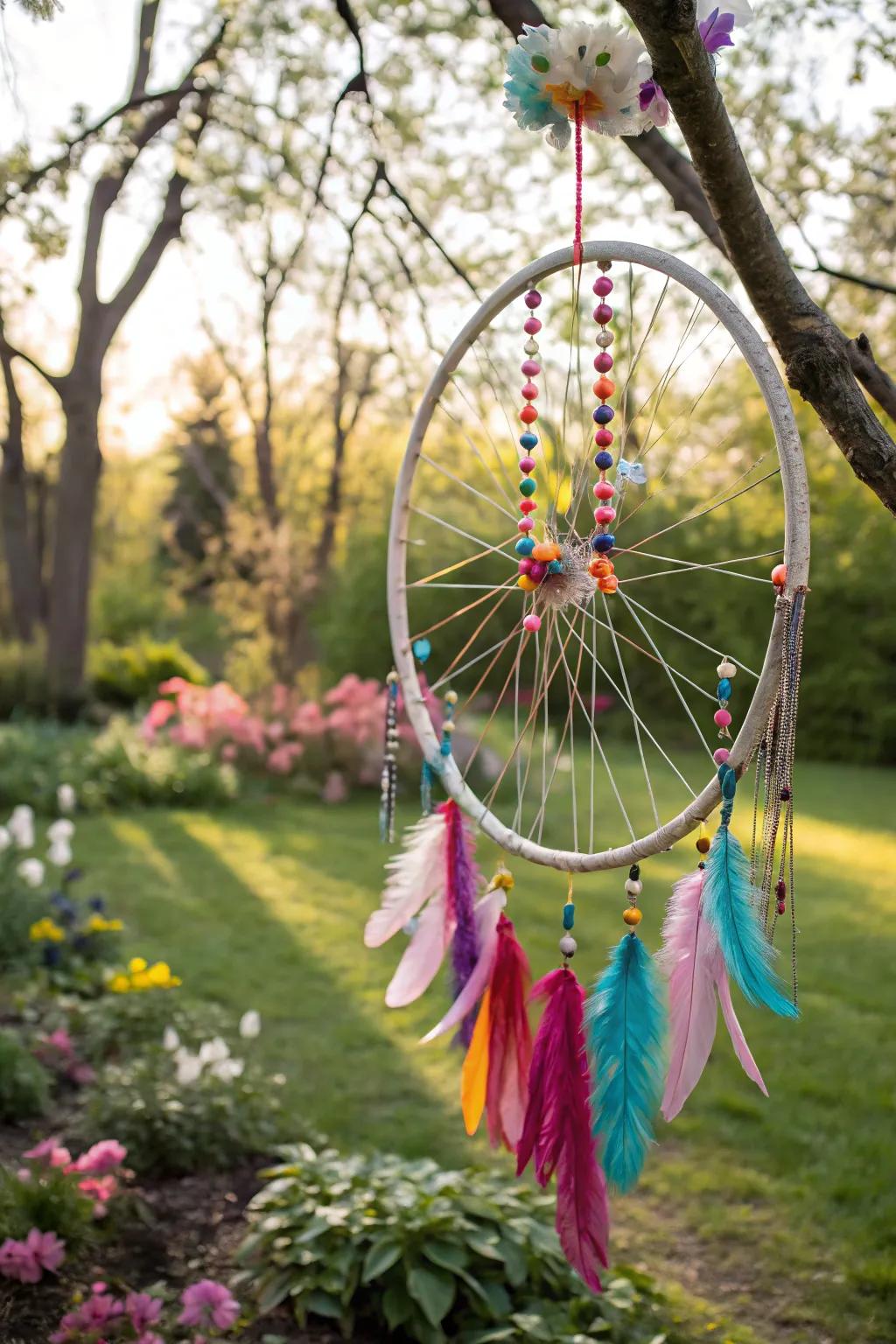 A bohemian bicycle wreath featuring feathers and beads for a carefree appearance.