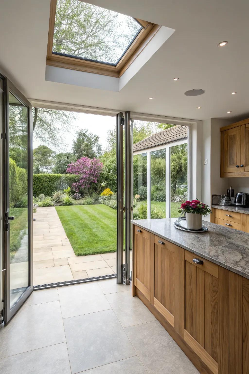 A corner bifold door setup offers breathtaking panoramic views.