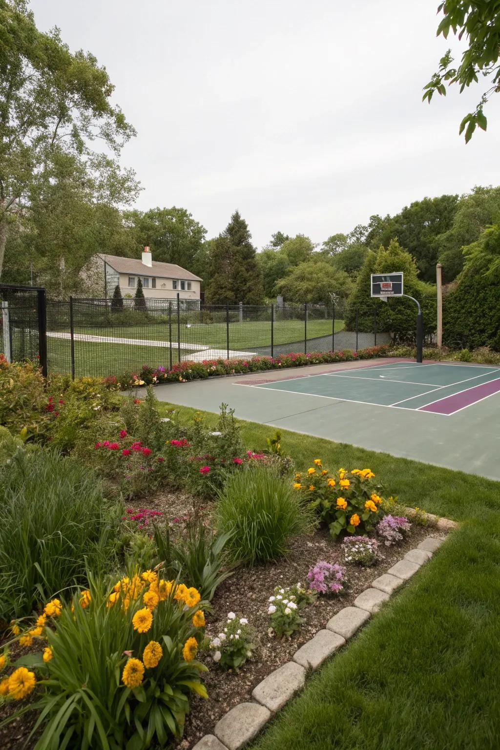 A sport court encourages active recreation and exercise.
