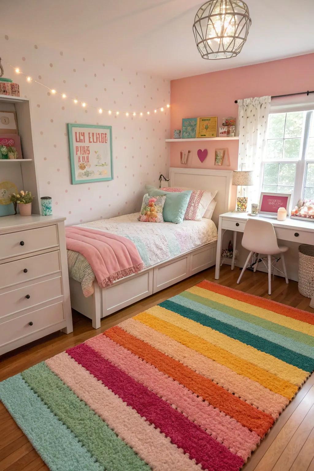 A statement rug that ties the room’s color palette together.