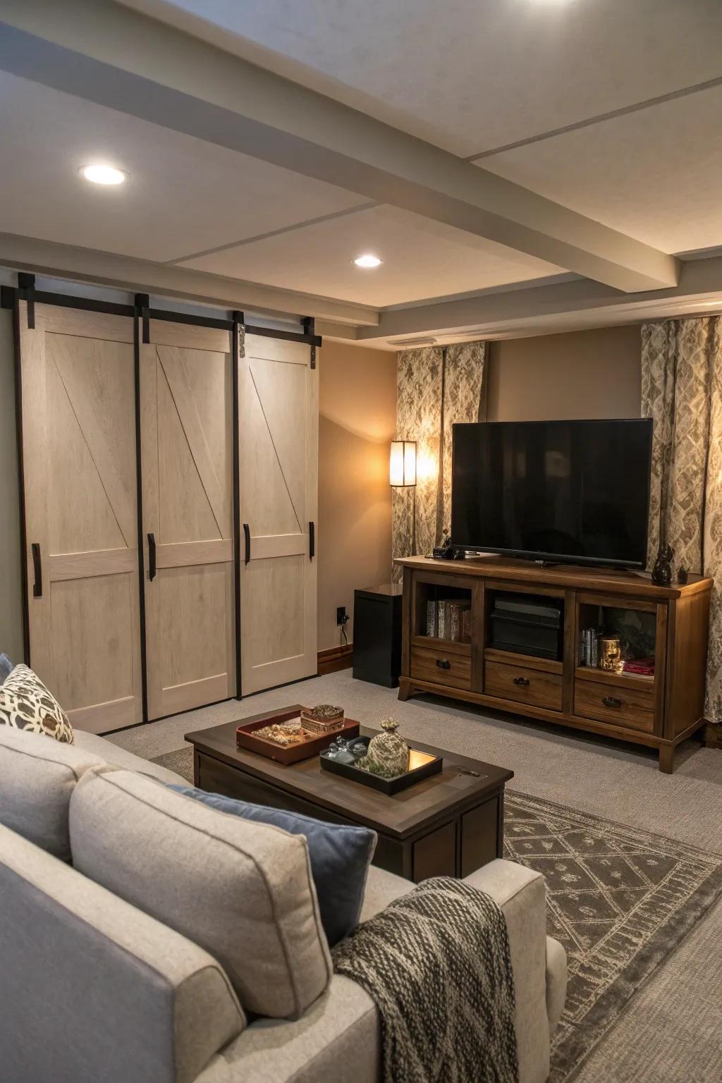 A hidden TV keeps the room looking tidy and uncluttered.