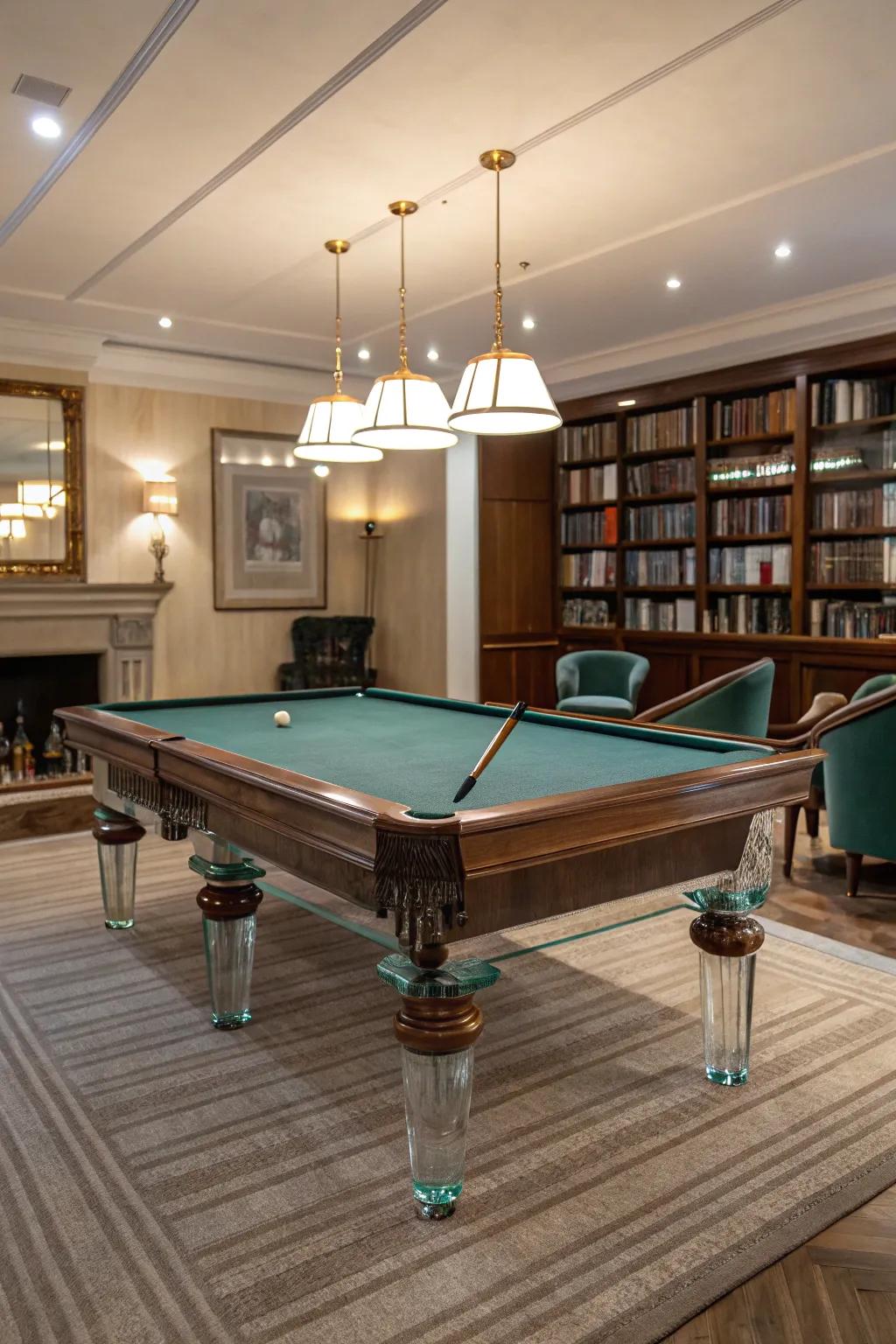 Transparent features, like glass legs, incorporate a modern element to a billiards space.