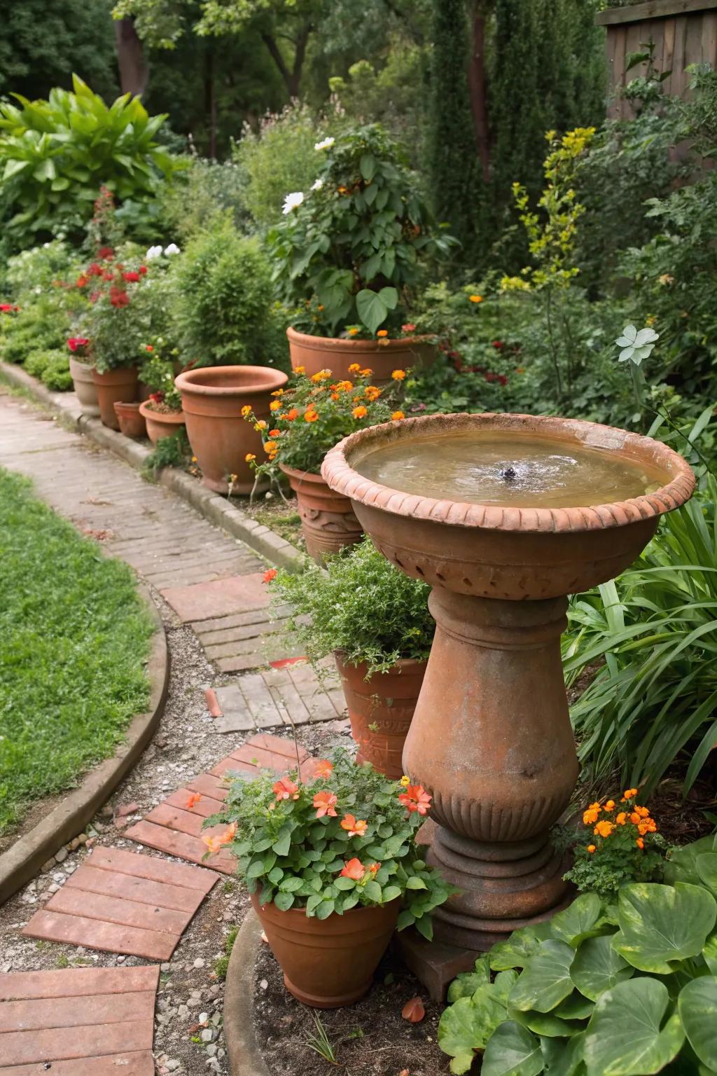 A terracotta bird bath nestled among similar pots, providing a rustic and harmonious garden look.