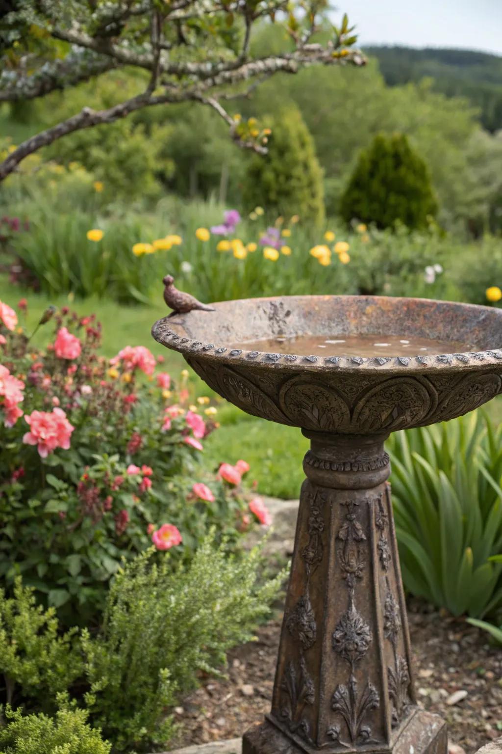 A rustic iron bird bath adds industrial chic to your garden.