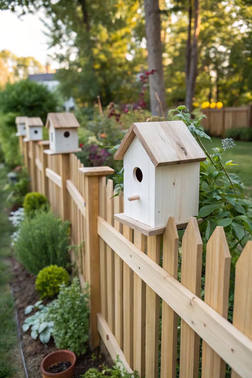 Minimalist bird dwellings add a hint of modern sophistication to the fence.
