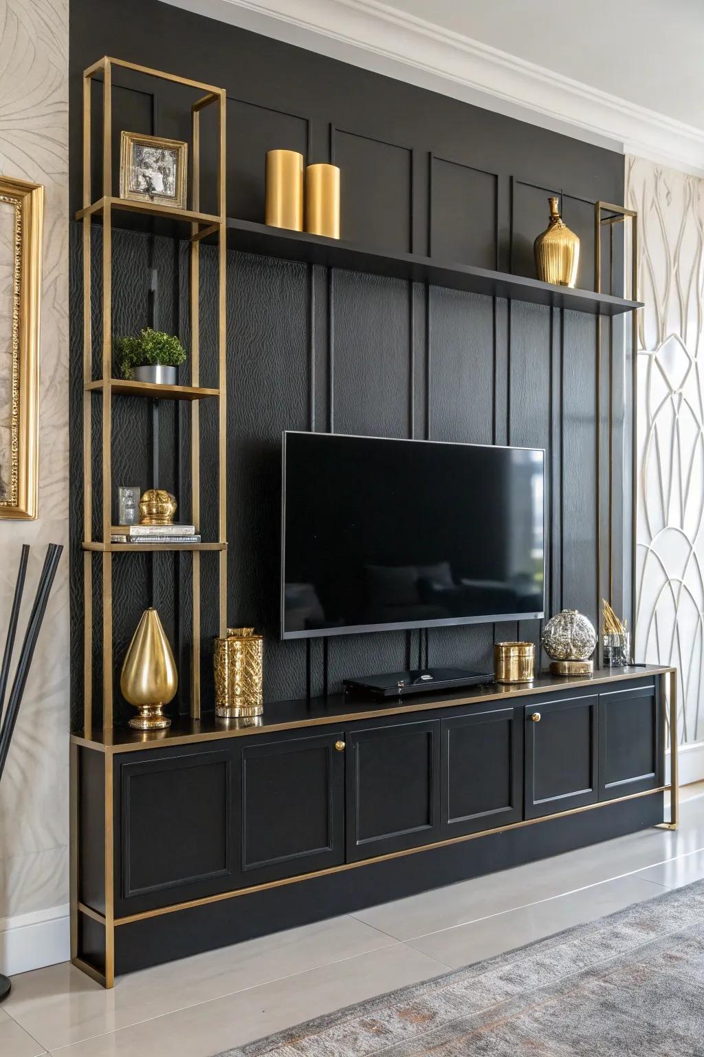 Metallic accents add a hint of glamour to a dark accent wall.