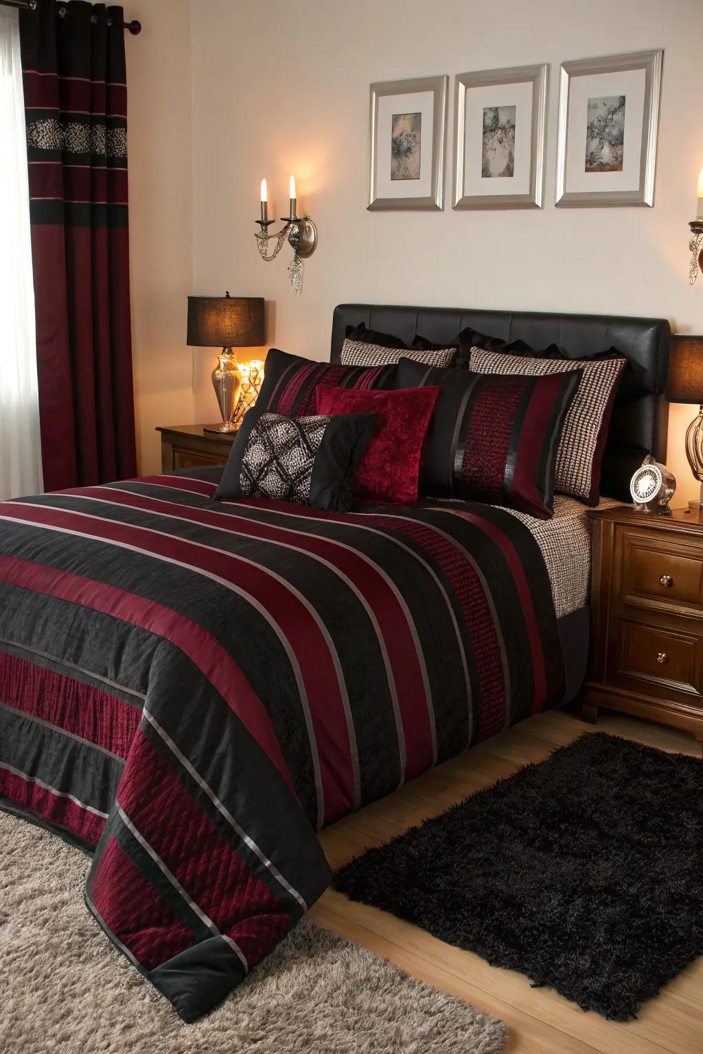 Striped patterns inject a playful yet sophisticated contrast to your bedroom.