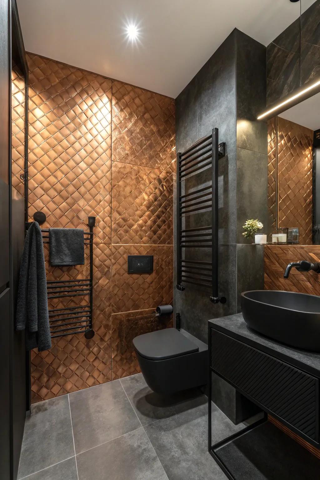 A copper mosaic wall becomes a dazzling centerpiece.