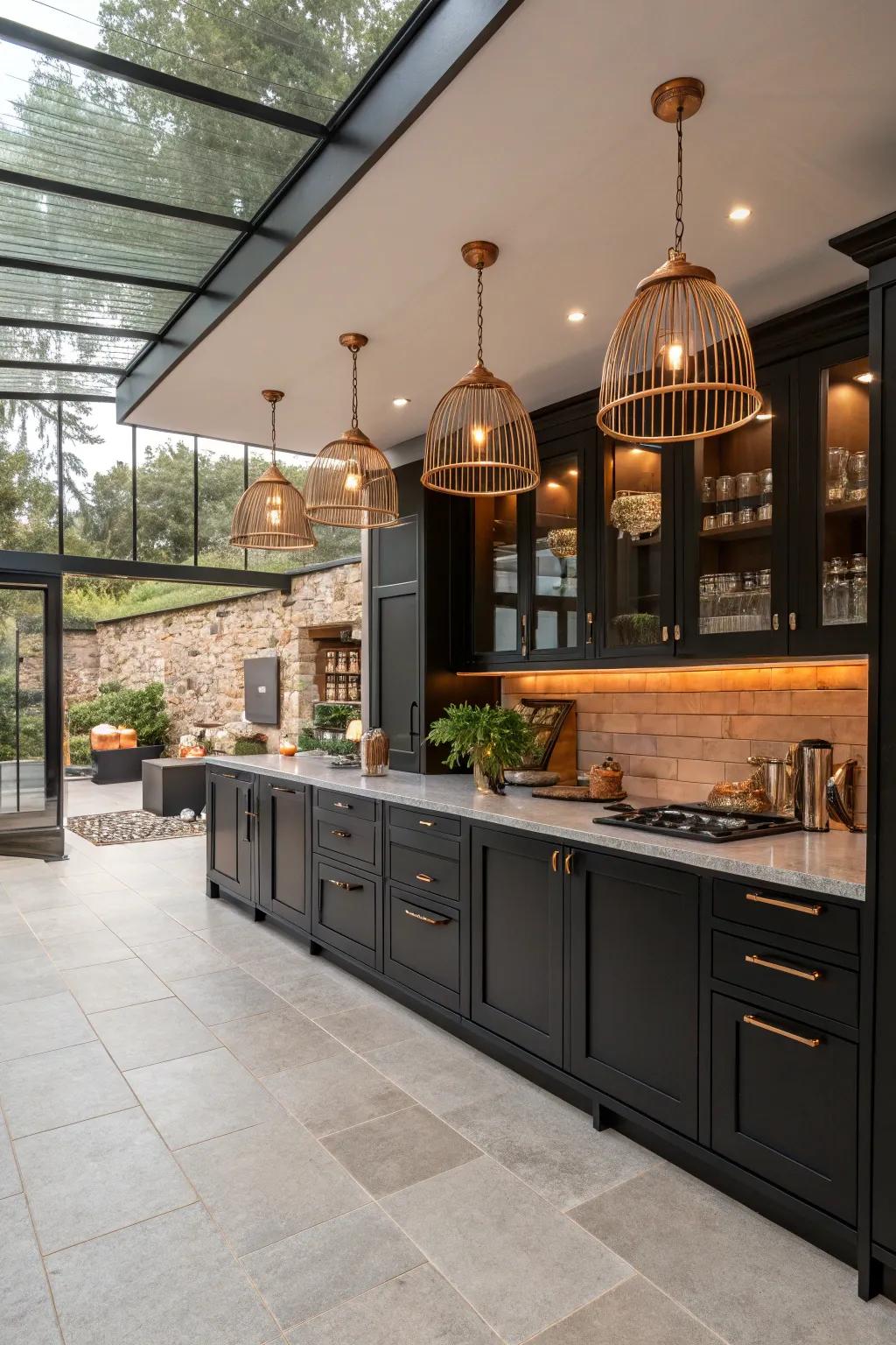 Copper highlights enhance the functionality within an open kitchen layout.