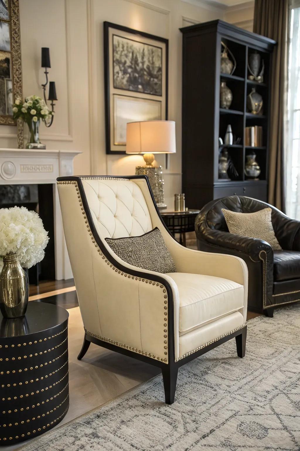 A uniquely designed cream armchair adds a stylish focal point to the room.