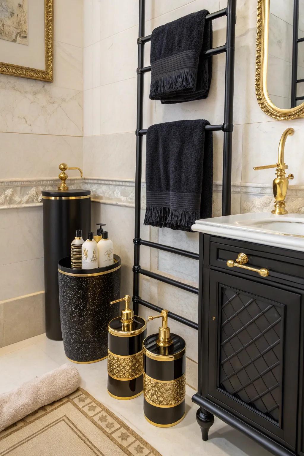 Ebony and gold accessories tie the theme together beautifully.